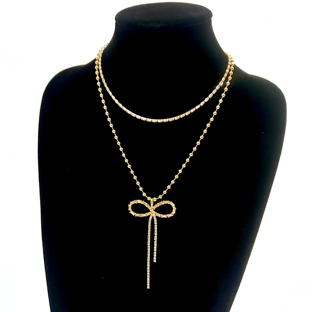 EXPRESS Gold & Baguette Rhinestone/Crystal Bow Layered Necklace NWT - Picture 1 of 14